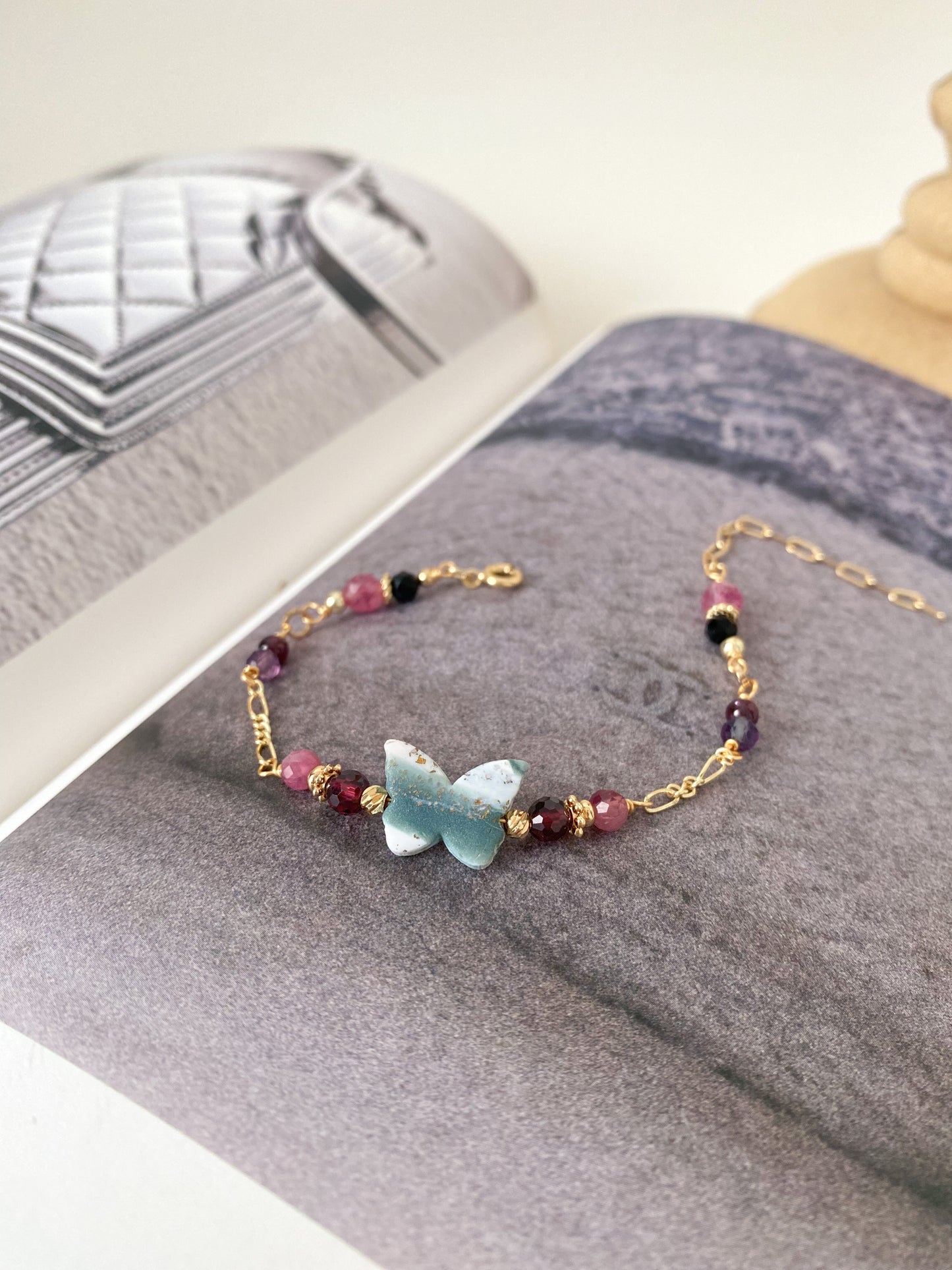 Caria Gemstone Bracelet - Garnet, Strawberry Quartz, Fluorite, Black Spinel