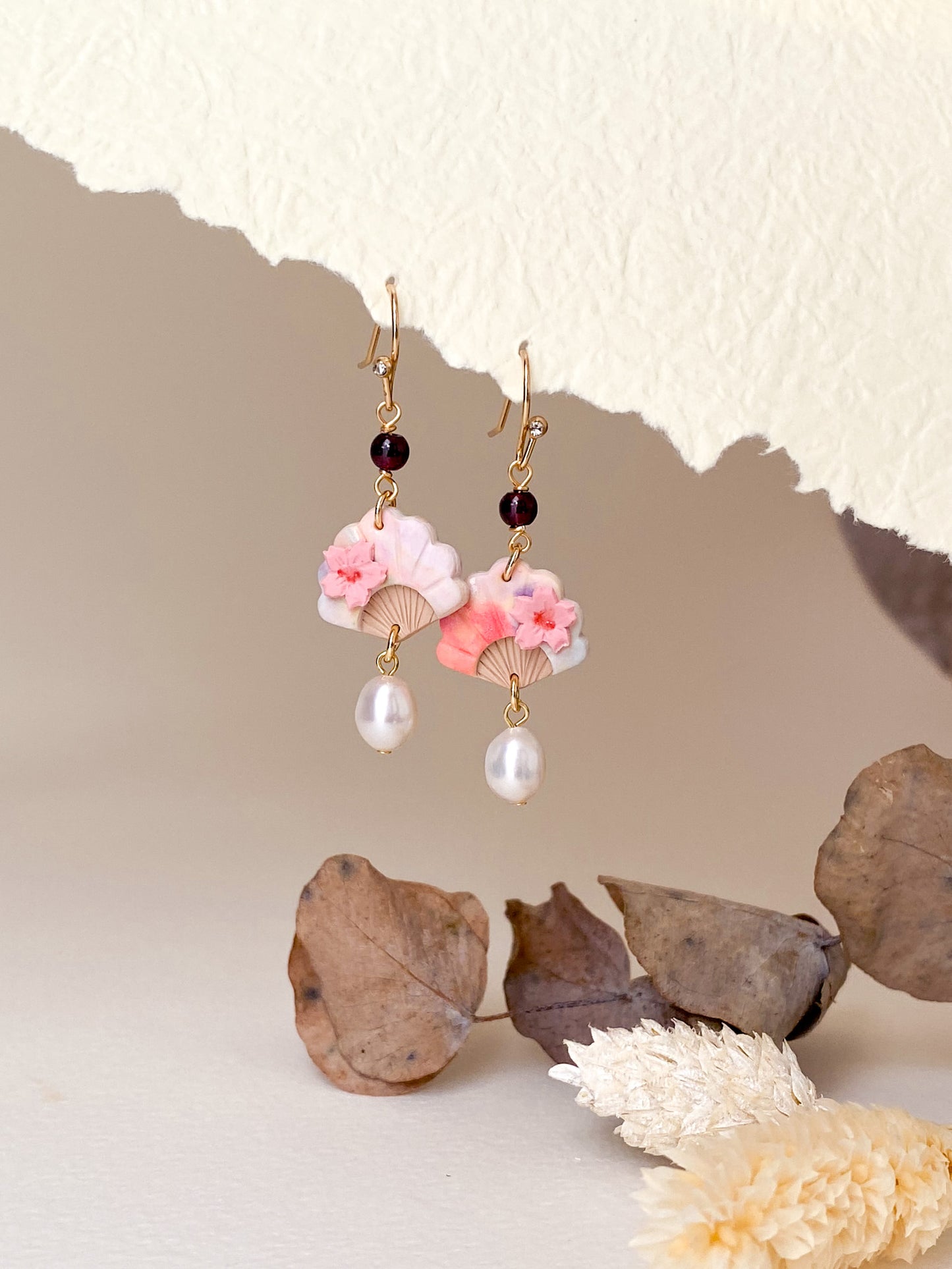 Aka - Mini Fan Earrings with Garnet & Pearl