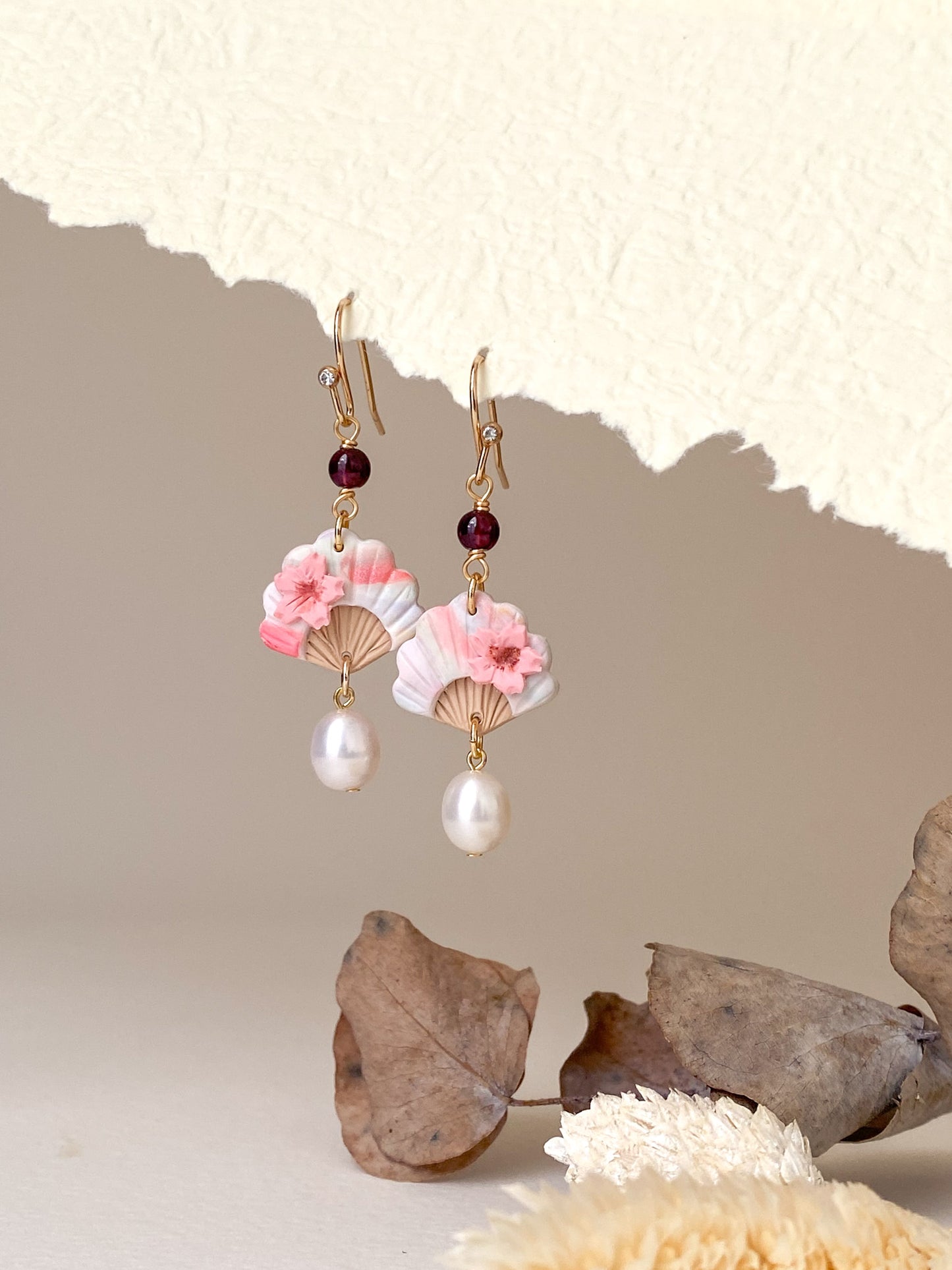 Aka - Mini Fan Earrings with Garnet & Pearl