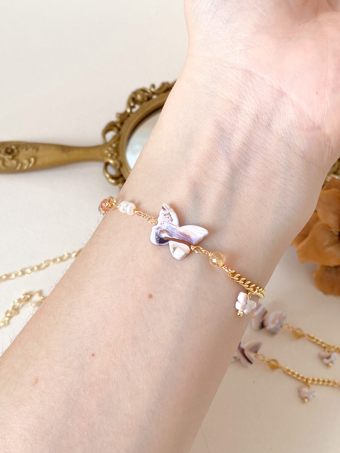 Chasing Butterflies Gemstone Bracelet - Citrine, Sunstone, Clear Topaz and pearl